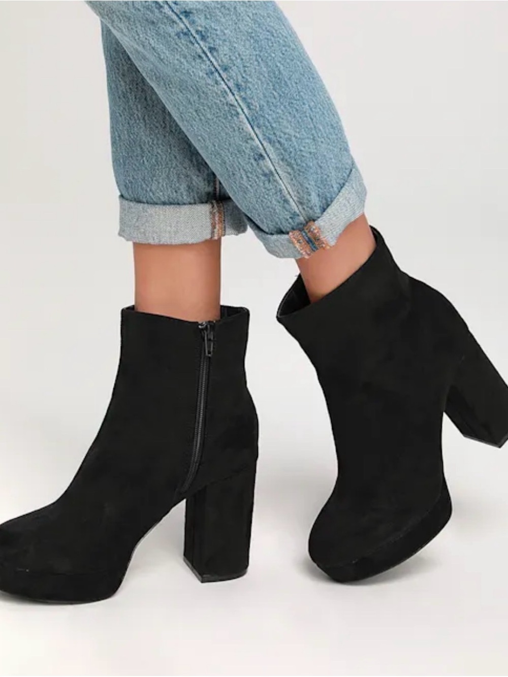 Lulu's Black Suede Platform Ankle Booties with Block Heel - Picture 3 of 6